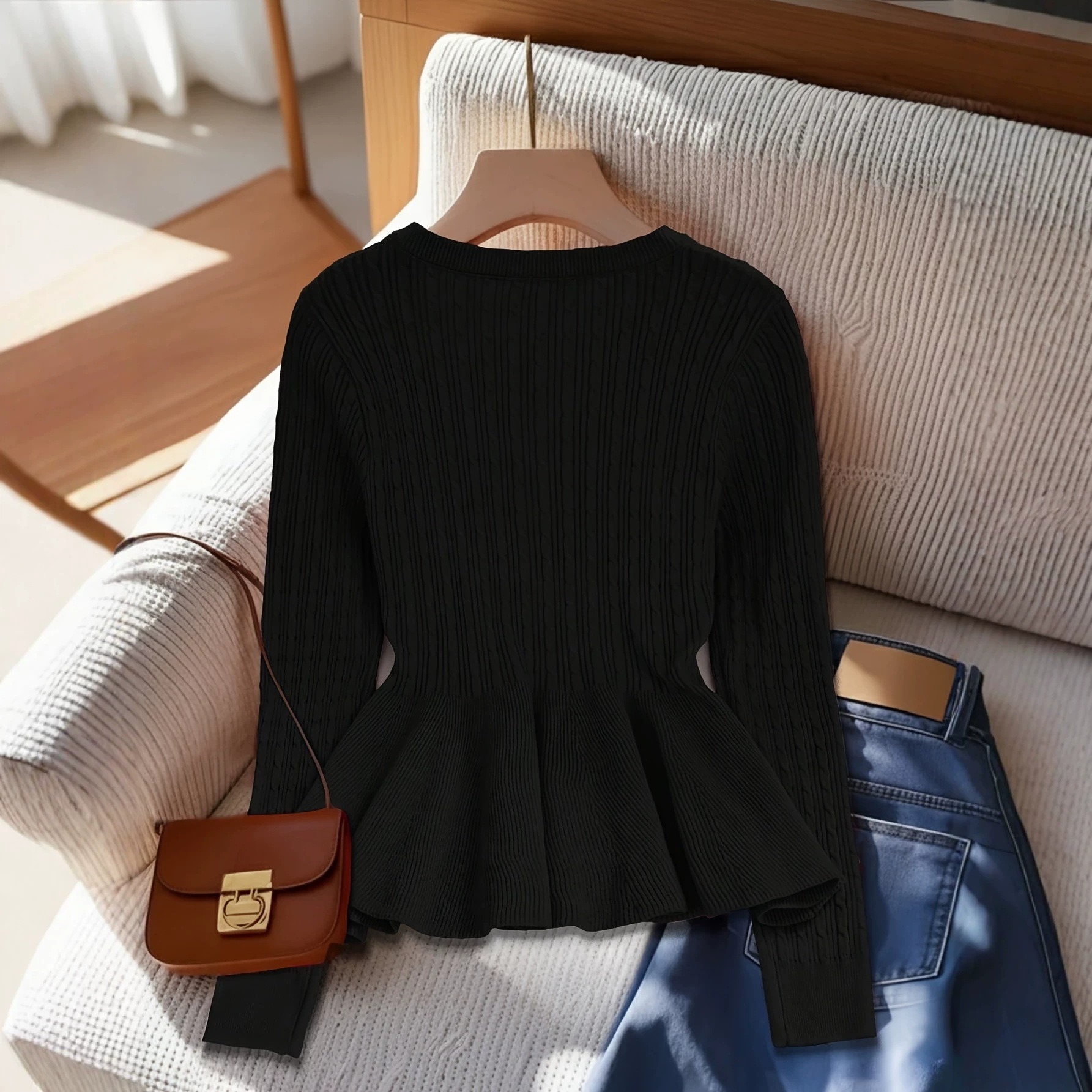 Round-neck Knitted Waist-cinching Cable-knit Coat With A Bow - Image 2