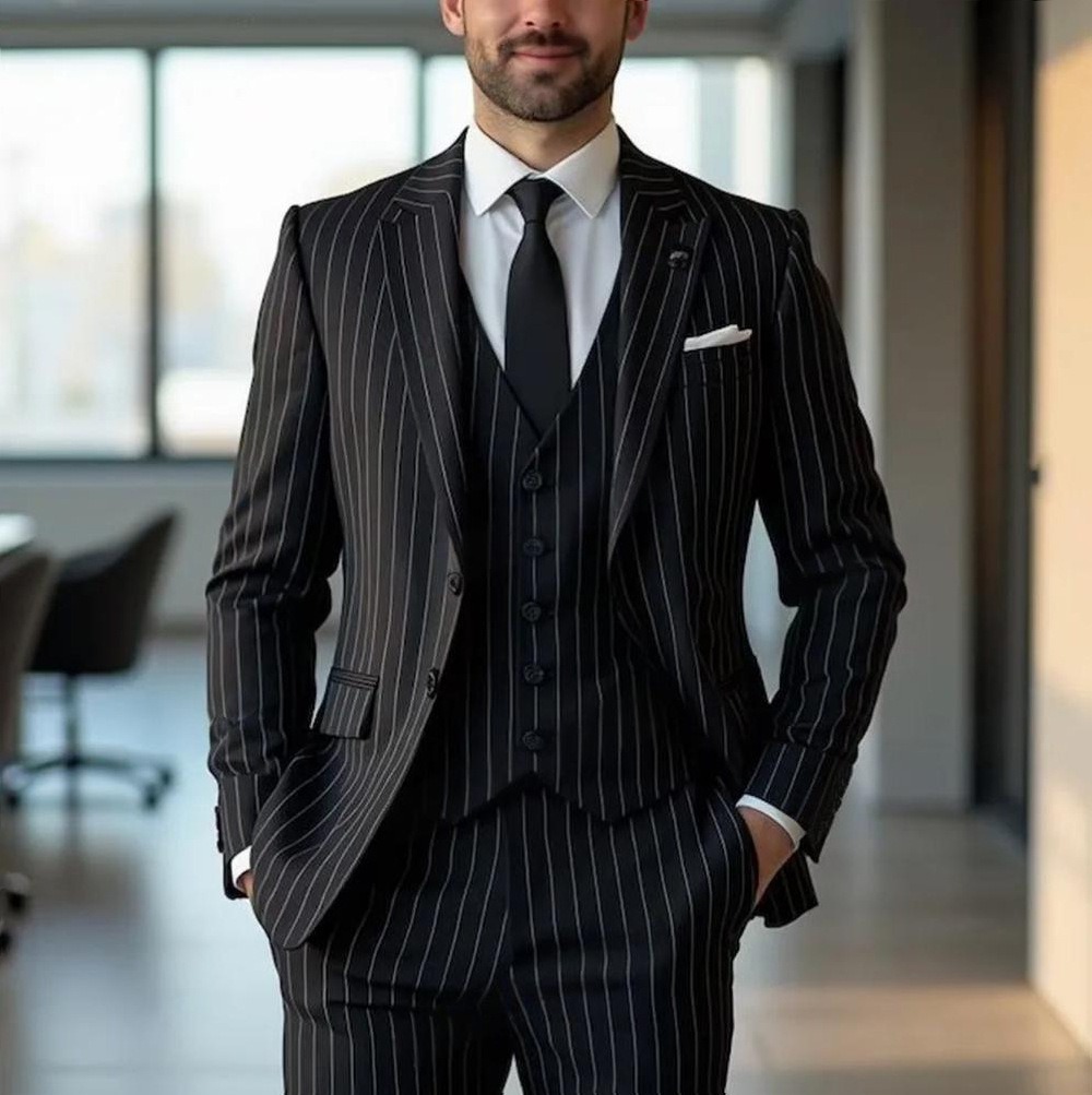 Black Vertical-Stripe Mens Formal Suit